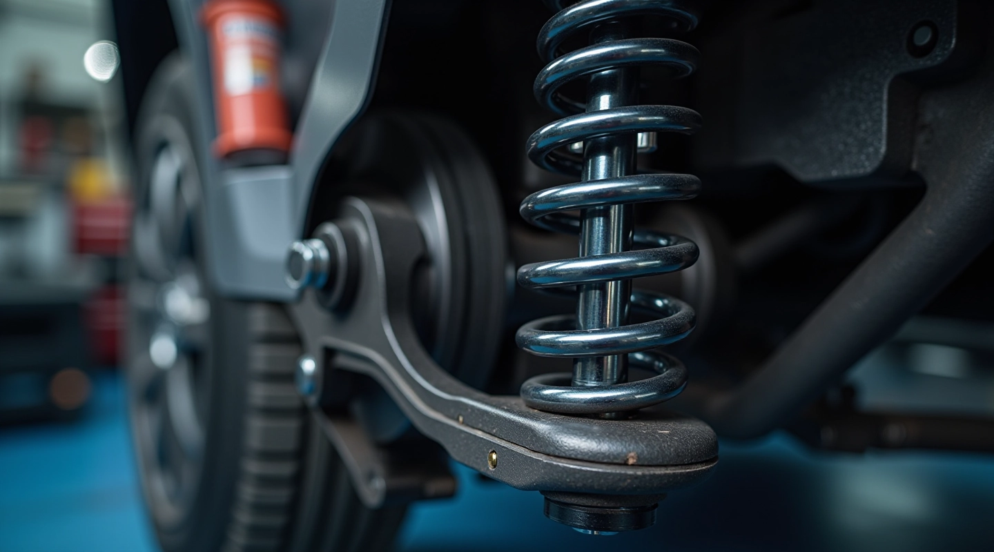 Close-up of car suspension spring and shock absorber component mounted on vehicle
