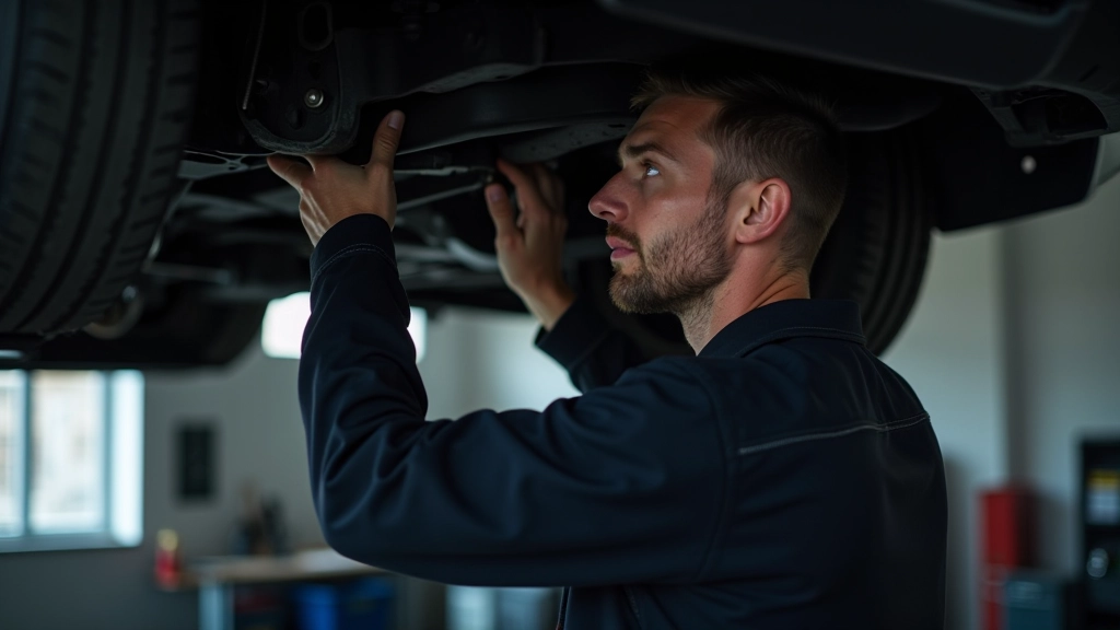 Mechanic working under elevated car, inspecting suspension components for damage and wear