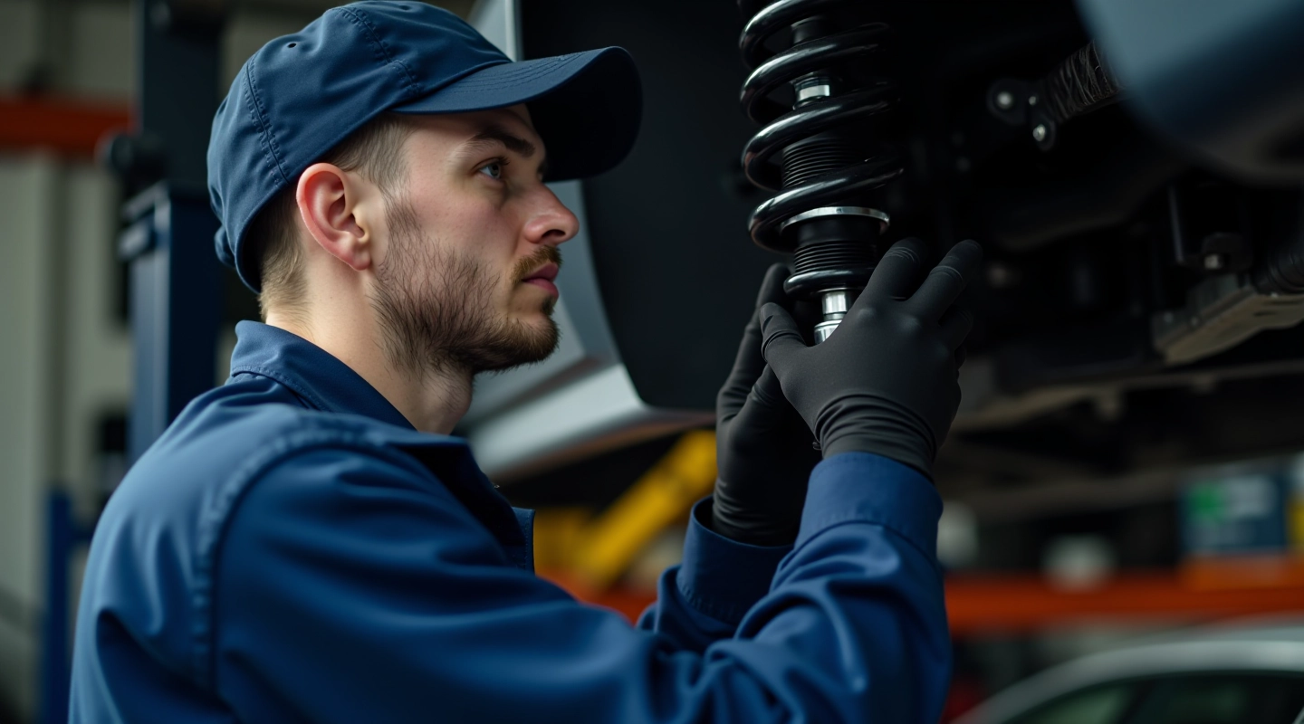 Mechanic inspecting shock absorber mounting points on vehicle suspension