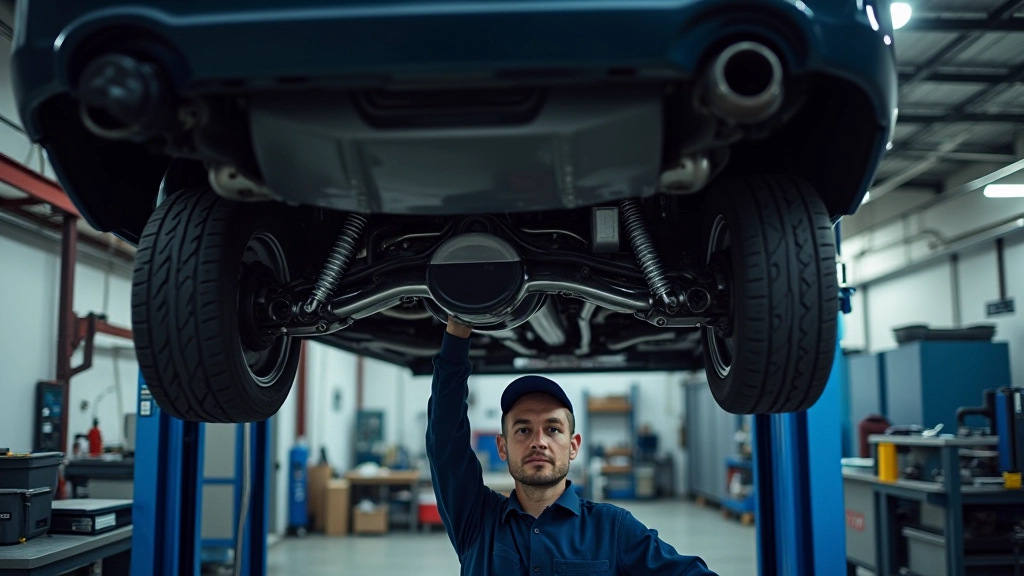 Vehicle elevated on lift showing complete suspension system with springs and shock absorbers visible