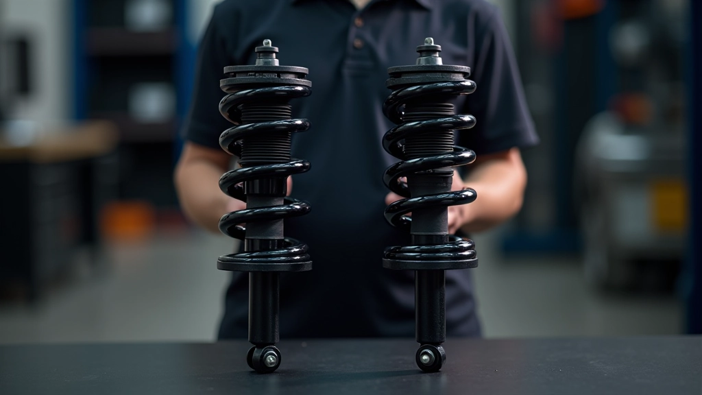 Side-by-side comparison of new and worn shock absorber units showing deterioration