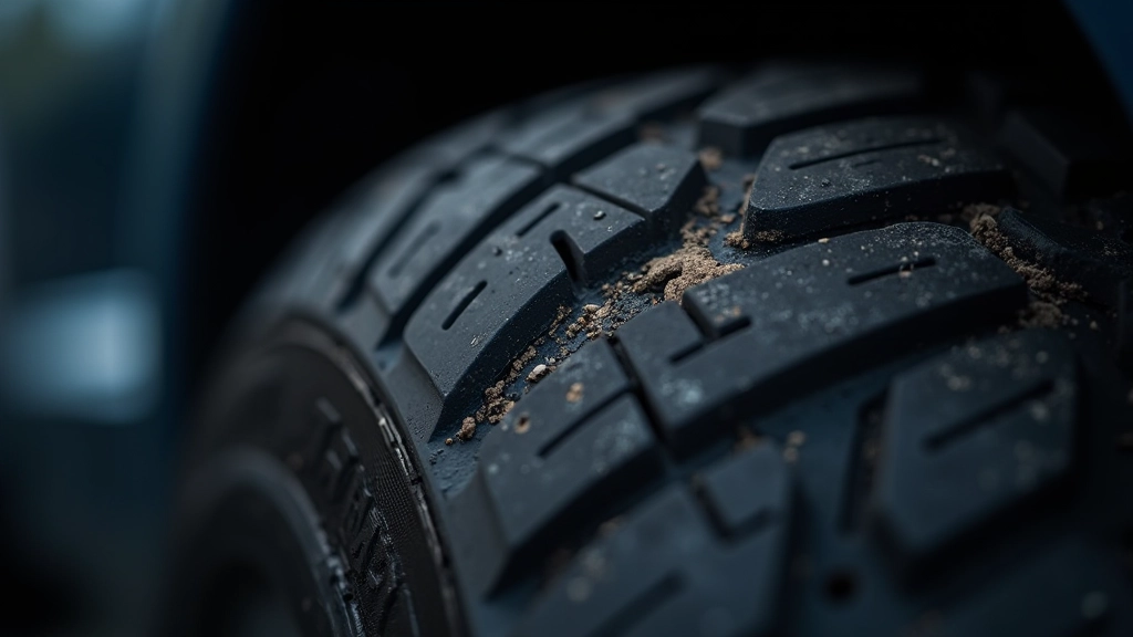 Worn car tire showing uneven tread wear pattern and damage from suspension issues
